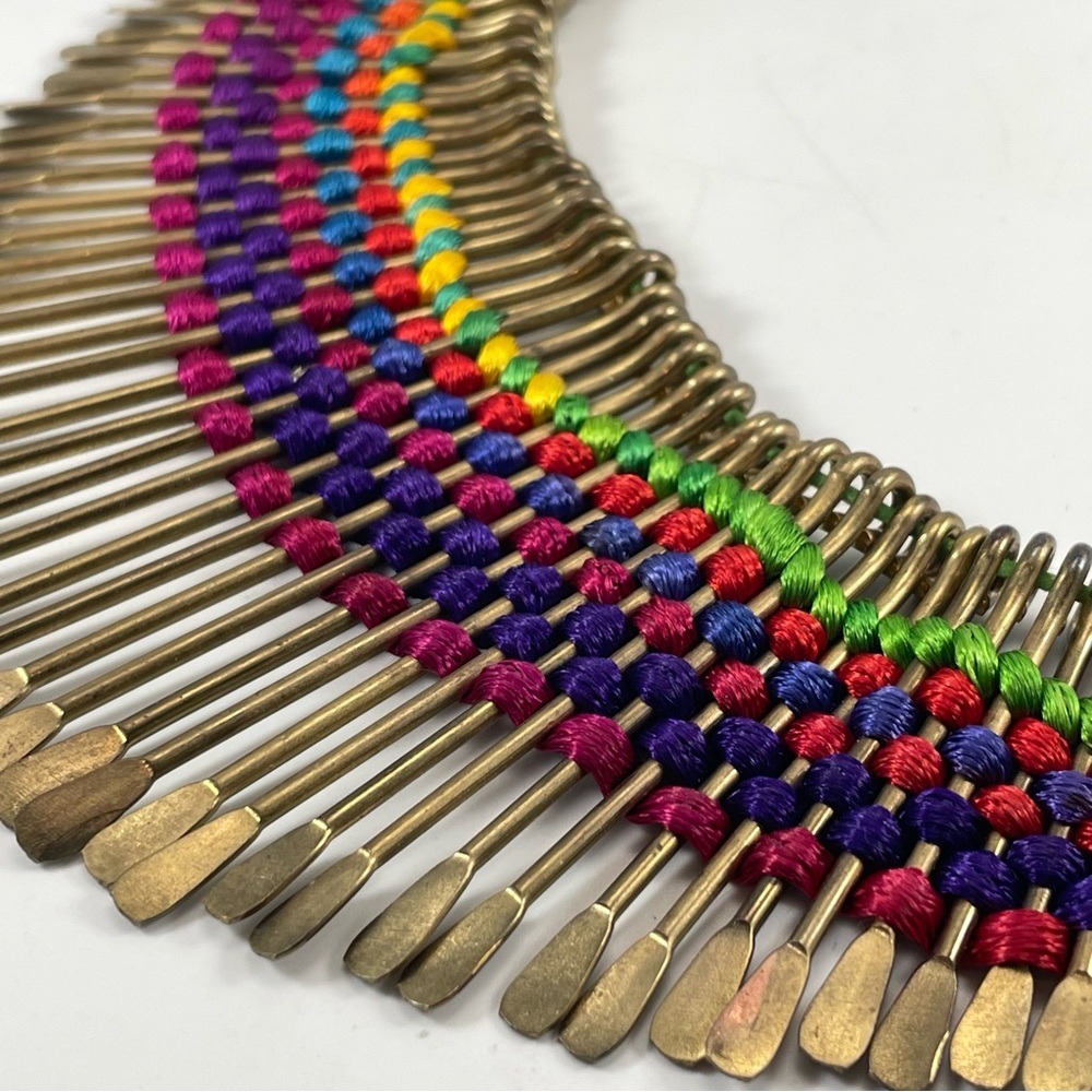 Egyptian Antique Gold Tone Spike Ribbon Statement Choker Necklace Colorful - Picture 2 of 6